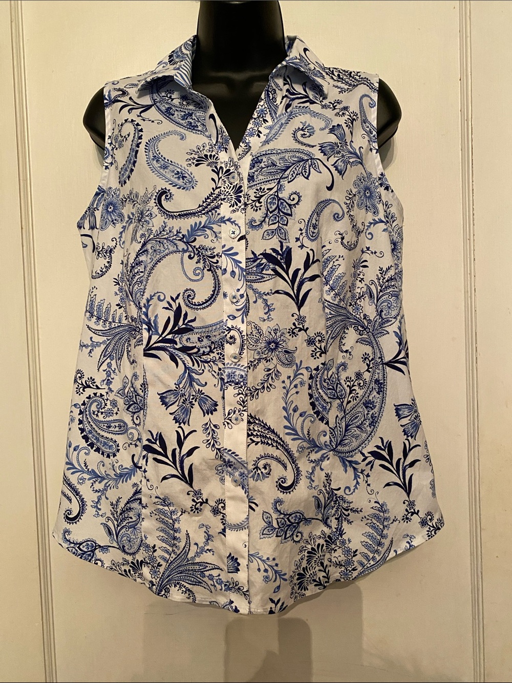 V!Talbots Women's 8 Blue & White Picnic Paisley Sleeveless Non-Iron Perfect Shir